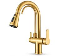 Ari Robinet Cuisine 3 Voies Douchette Extensible Nordic, Or Brossé | Mitigeur Évier Double Sortie Eau Filtrée, Bec Haut Courbé 360°, Cartouche Céramique, Doré Mat Satiné