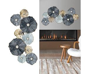 Ariana Décoration murale, aspect 3D, à suspendre, motif de fleurs, en métal, sculpture, utilisable en horizontal et vertical, en bleu, argent et or, (l x H) : 53 x 90 cm, 1 pièce