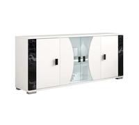 ARIANE - Buffet 4 Portes Blanc Eclairage Led intégré avec Décor Latéral Aspect Marbre Noir