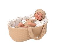 ARIAS Babyto ARI60892 Poupée Elegance de 33 cm avec corps en vinyle. Robe en tons marron et blanc et nacelle assortie. Comprend comme accessoires tétine et nacelle. Jouet pour enfants de tous les âges