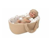 ARIAS Poupée élégante de 33 cm Babyto dans Un Sac, avec Corps en Vinyle. Robe dans des Tons Marron et Blanc, et nacelle Assortie. Comprend comme Accessoires tétine et nacelle. Jouet pour Enfants de