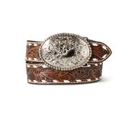 ARIAT Ceinture pour garçon - Cuir véritable, motif floral usiné à la main, coutures en dentelle blanche avec boucle en perles argentées, marron, 30