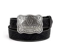 ARIAT Ceinture pour homme en cuir véritable avec boucle en relief en argent antique, noir, 44
