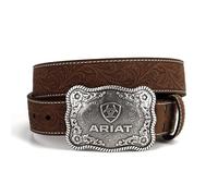 ARIAT Ceinture pour homme en cuir véritable écorce vieillie avec relief floral et boucle à logo argent antique, 38