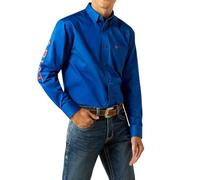 Ariat Chemise Classique en sergé avec Logo de l'équipe pour Homme, Bleu/Orange, Taille S
