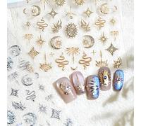 Aribliseza Autocollants pour ongles, 1 pièce or et 1 pièce argent Autocollants pour ongles, Décalcomanies 5D en relief avec étoiles, lune et soleil, Tatouages pour ongles autocollants pour ongles