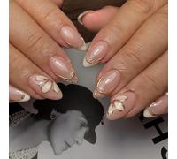 Aribliseza ongles à coller, 24 pièces, ongles en amande, design floral français avec fil d'or 3D et fleurs blanches, autocollants d'ongles printaniers, style délicat et élégant