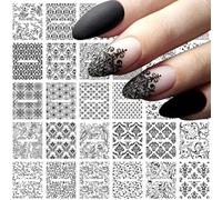 Aribliseza Sticker Ongles, 30 Pièces, Autocollants Ongles Autoadhésifs, Dentelle et Fleur Nail Art, Autocollants Ongles pour DIY Manucure Acrylique, Noir