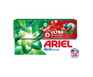 Ariel PODS® 4en1 +Ultra Détachant, Lessive en Capsule, 26 Doses, Élimine Même les Tâches Incrustées Depuis 7 Jours, Dissolution Rapide Même à Froid, Fabriqué en France
