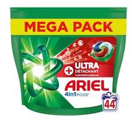 Ariel Pods 4en1 +Ultra Détachant, Lessive en Capsules, 44 Lavages, Élimine Même les Tâches Incrustées Depuis 7 Jours, Dissolution Rapide Même à Froid, Fabriqué en France
