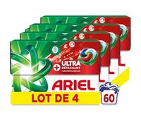 Ariel Pods 4en1 +Ultra Détachant, Lessive en Capsules, 60 Lavages (15x4), Élimine Même les Tâches Incrustées Depuis 7 Jours, Dissolution Rapide Même à Froid, Fabriqué en France