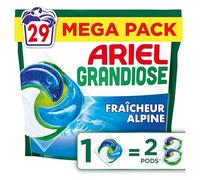 Ariel Pods Grandiose Alpine, Lessive en Capsules, 29 Lavages, 2X Action Détachante et Anti-Odeur Sur Les Tâches Tenaces, Dissolution Rapide Même à Froid, Fabriqué en France
