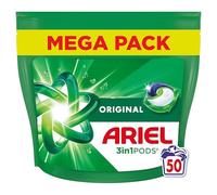 Ariel 3en1 PODS Original, 50 Lavages, Lessive Capsules Anti-Taches, Élimination Impeccable des Taches en Un Seul Lavage, Dissolution Rapide Même à Froid, Préserve les Tissus, Fabriquée en France