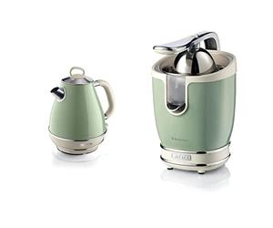 Ariete Vintage 2869 Bouilloire Électrique en Acier Inoxydable, 1,7 L & 413 Presse-agrumes vintage électrique avec levier, 2 cônes pour fruits grands et petits, bec anti-goutte, moteur silencieux, vert
