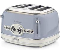 Ariete Vintage 4 Slices Toaster 156, Grille-Pain avec 6 Niveaux de Grillage, Éjection Automatique, Fonction Décongélation, Tiroir Ramasse-Miettes Amovible, Corps en Acier Inoxydable, 1600W, Bleu Clair