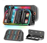 AriKroii Chargeur pour Nintendo Switch 2 Sans Fil Charge Rapide Compatible Console et Contrôleurs Nintendo 2 JoyCon avec éclairage RVB et Emplacements Cartes de Jeu, Kit de Montage Mural pour Switch 2