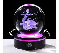 Arikyrist Boule de cristal rotative 3D en forme de tortue de mer et de lune pour femme avec base lumineuse LED, 8 cm