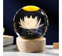 Arikyrist Figurine de fleur de lotus en 3D avec base lumineuse en bois, lampe boule de cristal en forme de fleur de lotus, décoration d'intérieur, cadeau pour femme, presse-papier décoratif