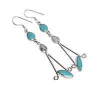 Arizona Boucles d'oreilles turquoise et topaze bleue - Cabochons uniques marquise et poire, argent sterling 925, 81 mm de long, fait à la main, 13x5, 7x5, 9x5, Argent sterling, Turquoise Arizona