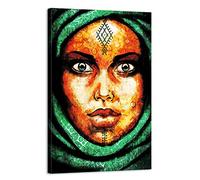 Arjazia Tableau Portrait Femme Berbère - Décoration murale Arabe - 90x60cm et 120x80cm - Vert - Impression sur Toile Haute Résolution - Toile Tendue sur un Cadre en Bois (120x80cm)