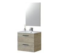 ARKITMOBEL Modèle Aruba Meuble de salle de bain suspendu avec 2 tiroirs et miroir, 60 x 57 x 45 cm (l x h x p), module lavabo couleur chêne Alaska (sans lavabo)