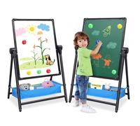 Arkyomi Tableau Enfant Double Face fer Chevalet Rotatif 360°, Hauteur Réglable - Outil de Dessin en Craie et Blanc avec Accessoires, Pliable sur Pied, 3 en 1 (Noir 2)