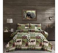 ARL HOME Parure de lit Rustique pour très Grand lit - Couvre-lit - Literie de Campagne Patchwork Ours - Literie légère réversible - Literie Rustique - Motif Animal de la forêt - Olive