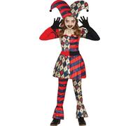 Arlequin Clown Vilain Costume Halloween Enfants Fantaisie Rouge Bleu, Taille : 128/134 Couleur : Noir