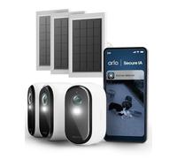 Arlo Essential 3 HD + 3 Panneau Solaire, Caméra de Surveillance WiFi Extérieure sans Fil, Autonomie de 6 Mois, Vision Nocturne Couleur, Audio Bidirectionnel, Essai Secure Inclus, 3 Caméras Blanc