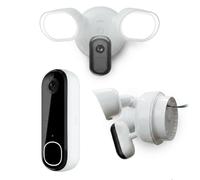 ARLO Pack Maison Protégée : Caméras de sécurité extérieures Arlo Essential 2K avec projecteur, lot de 2 + Sonnette vidéo sans fil Arlo Essential HD, Blanc