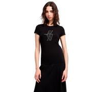 Armani Exchange Crewneck Slim Fit Rhinestone Monogram Logo Tee T-Shirt, Noir, XL Femmes