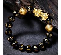 Armband - Bracelet Feng Shui - Cristal obsidienne naturel - Agate noire - Pendentif Pixiu or chanceux - Bracelet équilibre mantra à six caractères plaqué or amulette - Attirer de l'argent prospérité