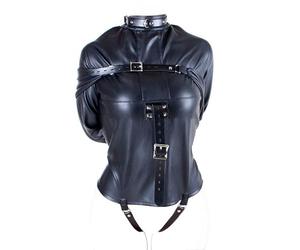 Armbinder Bondage PU Cuir Veste Harnais de Contention avec Menottes Noir L | YILUQIFLY réglable fétiche accessoire BDSM pour rollplay jeux érotiques et fantasmes intenses Halloween déguisement cosplay