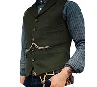 Armée verte Gilets Sans Manche Désinvolte Homme Costume Formel Gilet de Costume de Tailleur en Lainage la Laine Tweed Rétro Arête de Hareng col Cranté élégant Garçons d'Honneur de Mariage de Bal-M