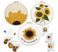 Armindou Lot de 3 kits de broderie avec motif tournesol pour adultes débutants, kit de point de croix estampillé floral à faire soi-même, 3 cerceaux à broder, 3 tissus à broder, aiguilles, fils