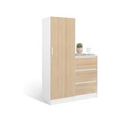 IDMARKET Armoire 1 porte AMBRE penderie avec commode 3 tiroirs 100 cm modulable façon hêtre et blanc