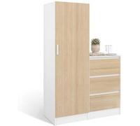 IDMARKET Armoire 1 porte AMBRE penderie avec commode 3 tiroirs 100 cm modulable façon hêtre et blanc