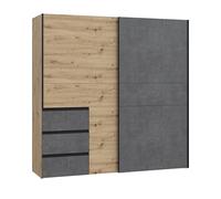 Armoire 2 portes coulissantes 3 tiroirs - Décor chêne artisan et béton gris - L 200,1 x P 61,2 x H 200,5 cm - WINN2