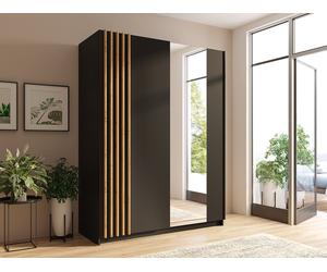 Armoire 2 portes coulissantes - Avec miroir - L150 cm - Noir et naturel - CALELA
