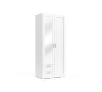 IDMarket Armoire 2 portes VITO – Blanc, penderie 80 cm, 2 tiroirs, miroir et étagères