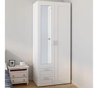 IDMARKET Armoire 2 portes VITO blanc penderie 80 cm avec 2 tiroirs, miroir et étagères