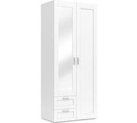 IDMarket Armoire 2 portes VITO – Blanc, penderie 80 cm, 2 tiroirs, miroir et étagères