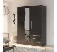 Armoire 3 portes battantes avec miroir + 3 tiroirs - Bois aggloméré - Noir - L 144,6 x P 60 x H 200 cm - JUPITER