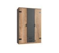 Armoire de chambre - CORFOU - 3 portes - 2 tiroirs - Chêne poutre / Graphite - 135 x 58 x 199 cm