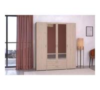 Parisot Armoire VARIA – Décor chêne, 4 portes, 2 tiroirs, portes centrales miroirs, 159,9×185×51,7
