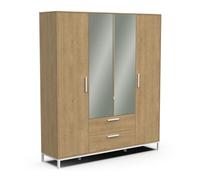 Armoire 4 Portes Avec Miroirs & Penderie, 2 Niches Et 2 Tiroirs - Style Industriel - Coloris Chêne Hamilton & Blanc - 191 x 220 x 50 cm