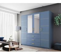 Armoire 4 portes BALI D4, armoire avec miroir, buffet 3 tiroirs (bleu)
