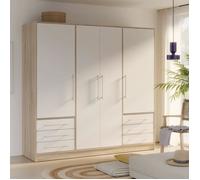 Jupiter Armoire 4 portes 6 tiroirs - Chêne et blanc - L 206 x P 60 x H 200 cm