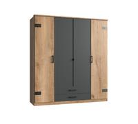 Armoire CORFOU - Décor Chêne et gris anthracite - 4 portes battantes - 2 tiroirs - L180 x P58 x H199 cm