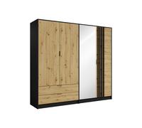 Armoire 4 portes et 2 tiroirs - Avec miroir - L220 cm - Coloris : Noir et naturel - TUNALO